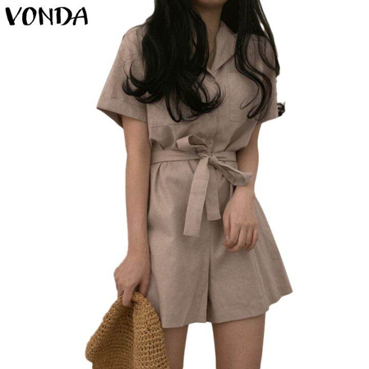 vonda-ชุดจั๊มสูทแขนสั้นลําลอง-คอปก-แต่งกระดุม-สไตล์เกาหลี-สําหรับผู้หญิง