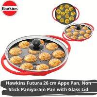 Hawkins Futura 26 cm Appe Pan, Non Stick Paniyaram Pan with Glass Lid, 12 Cups Paniyarakkal Ceramic Pan, Litti Pan, Kuzhi Paniyaram Pan, Ponganalu Pan, Red (NAPE26G)