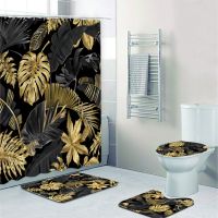 【CW】☽  and Gold Shower Curtain Set for Bathtub Leaves Mats Rugs Toilet