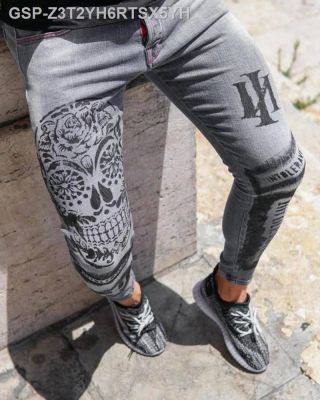 ◎ Calça กางเกงยีนส์ยืดลำลอง Masculina Alta Qualidade Moda De Rua Lavagem Com Impressão Calça Lápis Cinza Corrida Sexy