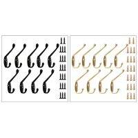 9 Pack Coat Hooks Wall HooksHeavy Duty Wall Mounted for Hat Hardware Dual Prong Retro Coat Hanger with 20 Screws(Black/Gold)