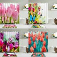 【cw】 2Pcs/Set Beautiful Colorful Flowers Tulip Printed Shower Curtain Set Non-slip Bath Mat Waterproof Bathroom Curtains Decoration 【hot】