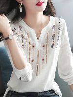 Women Spring Autumn White Blouses Tops Lady Casual Embroidery V-Neck Long Sleeve Vintage Loose Blusas Top DF4272