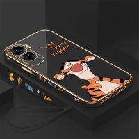 เคสสำหรับ Honor โทรศัพท์90 5G 90 Lite 5G ฟรีสายคล้องการ์ตูนวินนี่เดอะพูห์เสือลายขอบสี่เหลี่ยมเคสโทรศัพท์ชุบหรูหราชุบเคสโทรศัพท์นิ่ม