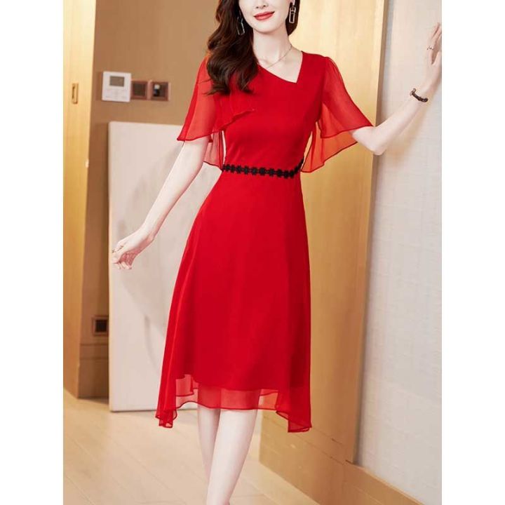 ชุดชีฟองสีแดงของผู้หญิงแขนสั้น2023ฤดูใบไม้ผลิ-ฤดูร้อนความหรูหราสูงสุดอารมณ์ใหม่ชุดเดรสงานเลี้ยงเด็ก