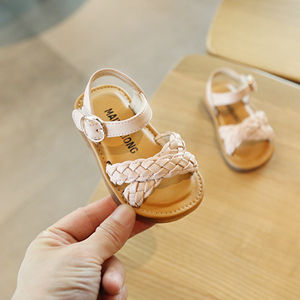 11.5-15.5cm Knitting Girls Sandals Soft Cow Muscle Sole Baby Summer First Walkers Simple Black Pink Beige Dress Shoes Flats 0-3Y