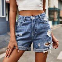 Casual Retro Washed Ripped Denim Rolled Washed Shorts Women on Denim Cargo Jean Pants for Women Ladies Denim