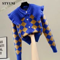 【CW】☞  Pan Collar Patchwork Argyle Vinatge Knitted Womens Cardigan Sleeve Single-breasted Female Sweaters