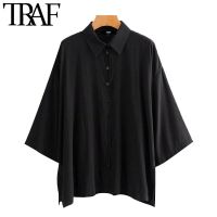 TRAF Women Fashion Oversized Button-up Cozy Blouses Vintage Three Quarter Sleeve Side Vents Female Shirts Chic Tops