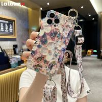 Selempang Tali Bunga Kamelia Lukisan Casing Ponsel untuk iPhone 14 13 12 11 Pro Max XS 8 7 Plus Perlindungan Lensa Penutup Tahan Benturan