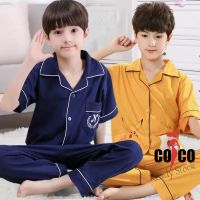 【Ready Stock】 ☏ C22 2-18Years Summer Short Sleeve Long Pants Cartoon Cute Casual Cotton Boys Pajamas Set Cardigan Lapel Comfortable Sleepwear Children Pyjamas