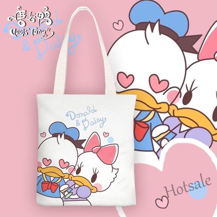 hot-sale-c16-disney-donald-duck-daisy-ins-small-fresh-canvas-bag-shoulder-one-shoulder-portable-with-zipper-shopping-a4-can-hold-various-options