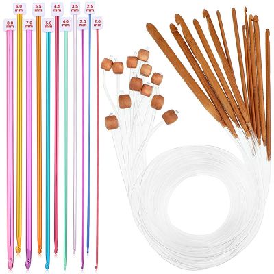 23 Pieces Tunisian Crochet Hooks Set 3-10 mm Cable Bamboo Knitting Needle with Bead Carbonized Bamboo Needle Hook 2-8mm