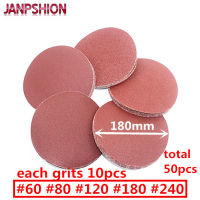 【✲High Quality✲】 jiaozi1965 Janpshion กระดาษทรายขัด50ชิ้น,กระดาษทรายมีแถบกาวในตัวสำหรับขัด7 "180มม. ปลายข้าว60 80 120 180 240ทรงกลมสีแดง