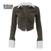 VesGlory เสื้อยืดแขนยาวคอวีแฟชั่นของผู้หญิง,สีทึบเซ็กซี่ทรงสลิมย้อนยุคคอปกแบบไม่สม่ำเสมอ