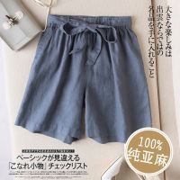 Women Summer Fashion Korean Style Pure Linen Wide Leg Shorts Office Lady Solid Color Elastic Waist Casual Harajuku Ulzzang Short