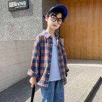 【Ready】? Boys Cotton Plaid Shirt Childrens Spring Shirt Korean Version 2023 New Long-sleeved Tops for Small and Medium-sized Children