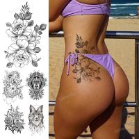 sketch flowers tattoo designs black line anime temporary tattoos lion tiger fox whale water transfer tattoo fake sexy body art Stickers