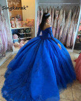 มาใหม่รอยัลบลูหรูหรา quinceanera ชุดแขนยาว A ppliques คริสตัลบอลชุดเจ้าหญิงหวาน16 GOW vestidos...