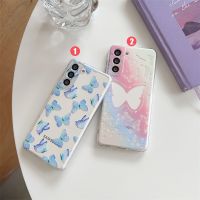 ♘ เคสโทรศัพท์มือถือแบบนิ่ม TPU ใส กันกระแทก ลายผีเสื้อไล่โทนสีฟ้า สําหรับ Samsung GalaxyS22 S21 S20 Note20 FE Ultra Note9 S10Plus