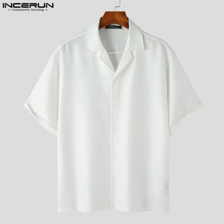 incerun-เสื้อผู้ชายแขนสั้นมีกระดุมแบบเรียบ-เสื้อคอปกลำลอง-สไตล์เกาหลี