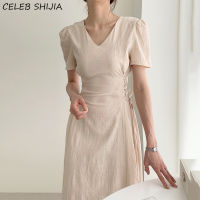 Summer Dress Woman Spaghetti V-neck Elegant Bodycon Dress Female Short Sleeve Apricot High Waist Chic Maxi Dresses Woman Korean