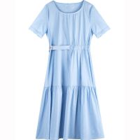 เสื้อผ้าแฟชั่นสำหรับสุภาพสตรี Little French dress female 2023 new collect waist light ripe wind covered with short sleeves show thin big belly a word skirt pendulum