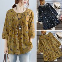 COD dhdfxcz S Q Women Floral Printed Pleated Blouse 3/4 Sleeve Casual Loose Tops Plus Size