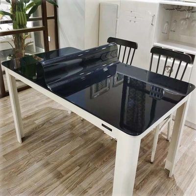[2023ใหม่] ผ้าปูโต๊ะแก้วสีดำนุ่มใสกันน้ำกันโต๊ะในครัวโต๊ะกาแฟ Taplak Meja PVC กันน้ำมันสำหรับห้องนั่งเล่น