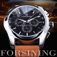 ZZOOI Forsining 3 Dial Automatic Watch Mens Mechanical Watches Black Calendar Display Clock Fashion Luminous Male Wristwatches Reloj