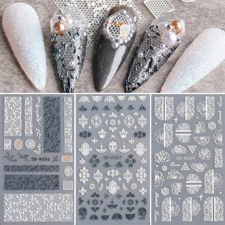 beautymalls-1-sheet-white-embossed-flower-lace-5d-sticker-decal-wedding-nail-art-designs-floral-flower-transfer-decal-japanese-geometry