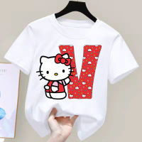 ฤดูร้อน H Ello K Itty จดหมาย A B C D เด็กเสื้อยืด Kawaii Sanrio เสื้อยืดอะนิเมะการ์ตูนเสื้อผ้าลำลองเด็กสาวแขนสั้นท็อปส์