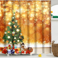 【■】 Ingco mall เครื่องมืออาบน้ำ180X180Cm Christmas Theme Christmas Tree Decoration Gold Background Waterproof Polyester Shower Curtain Bathroom