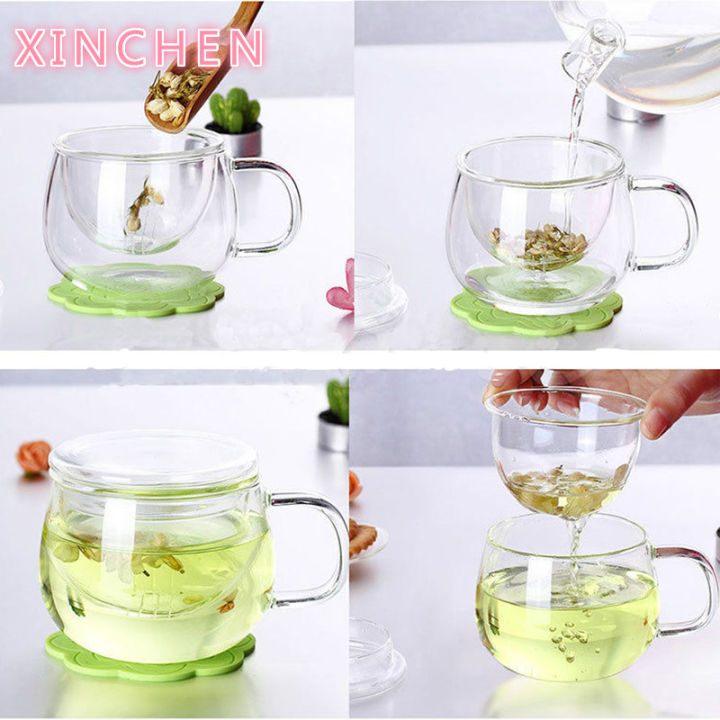 xinchen-1เซ็ตแก้วกาแฟชาถ้วยแก้วใสใสแก้วนมแก้วกาแฟชาแก้วที่มีชา-infuser-กรองฝาถ้วยน้ำ