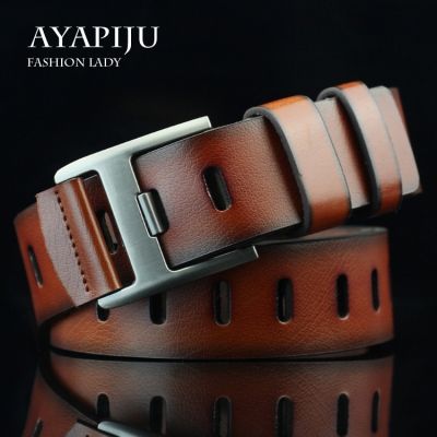 Men Belt Genuine Leather Perforated Alloy Pin Buckle Fashion Business Youth