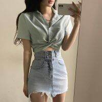 COD DSFERTGERRYYY Vintage twist polo collar top button short high waist slim fit T-Shirt Top Croptop chiffon tops for women