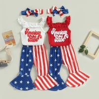 Independence day Baby Girls Summer Outfit Sets Red Sleeveless Letter Print Romper + Star Stripe Patchwork Flared Pants  by Hs2023