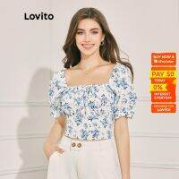 COD dhdfxcz Lovito Boho Floral Square Neck Puff Sleeve Tie Front Ruched Bust Women Blouse L37LD064 (Blue)