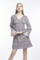 ESP เดรสแต่งแขนทรงกระดิ่ง ผู้หญิง สีดำ | Mini Heart Print Dress with Bell Sleeves | 5948