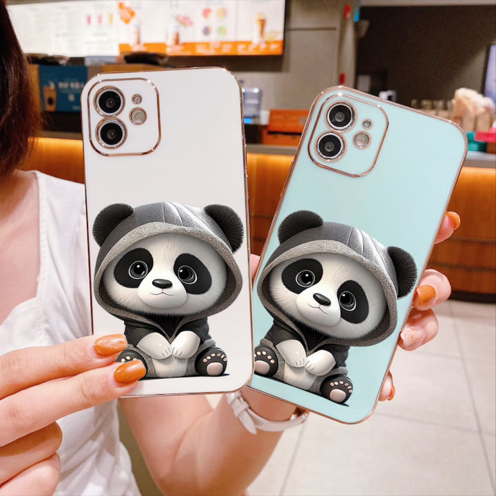 เคสโทรศัพท์สำหรับ-oppo-a58-4g-เคส-oppoa58สำหรับเด็กหญิงเด็กชายพร้อมฟรีสายคล้อง-การ์ตูนแพนด้าน่ารักปลอกขอบสี่เหลี่ยมชุบหรูหราปกหลัง