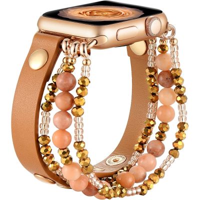 Bracelet Band For Apple Watch Strap 49mm 40mm 38mm 41mm Women Elastic Beaded Leather Strap Iwatch SE Series Ultra 8 7 6 5 4 3 2