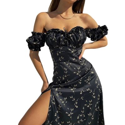 Retro ดอกไม้ยาวชุดผู้หญิงพัฟแขนปิดไหล่สูงเอว Midi ชุดแฟชั่นฤดูร้อนสบายๆสไตล์ฝรั่งเศส Dress