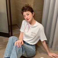 Miu Family Chest Letter Nail miu miuˉDiamond Pink Ribbon Bow Short Sleeve Unique Top Womens T-shirt Fashion