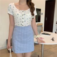 พร้อมส่ง(C1454-C1455)?Blue flowers crop &amp; blue skirt เสื้อครอป+กระโปรงสีฟ้าลายสก็อต