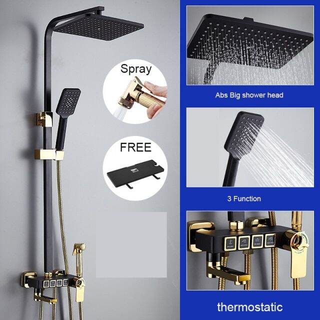 Long Spout Display Thermostatic Black Shower Faucet Set Rainfall