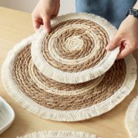 【CC】﹍  25cm Round Wicker Cotton Woven Tassels Placemat Plate Braided Tablemats Rattan Weave Dining Table Dinner