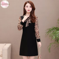 Women Long Sleeves Dress Large Size High Waist Elegant Flower Leopard Printing Dress