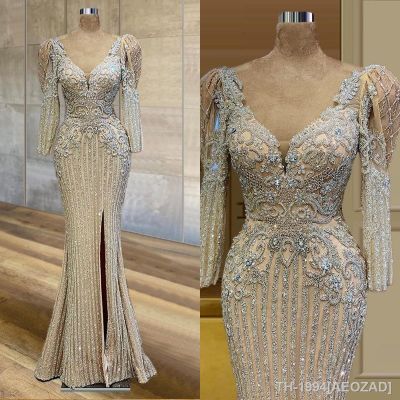 ☎℡ AEOZAD Luxo Dubai Side Split Prom Vestidos V Neck Sleeve Appliqued Frisado de Noite 2023 Recepção Ocasião Especial