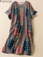 Plus Size Summer Vintage Cotton Linen Print Dress Casual Loose Ladies Womens Midi Dresses New Woman Pullover Tshirt Dress 5xl...