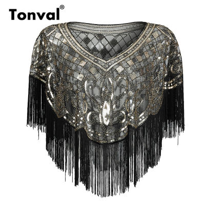 Tonval Vintage 1920S ผ้าพันคอ Pashmina พู่ลูกปัด Flapper Shawl ผู้หญิงหรูหราเลื่อมตาข่าย Cape Cover Up ผ้าคลุมไหล่และ Wraps